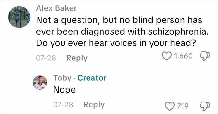 Screenshot of a social media exchange about experiences shared by an actual blind person answering questions.