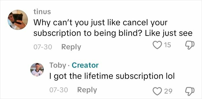 Screenshot of a social media comment thread discussing what it’s like to not see from an actual blind person.