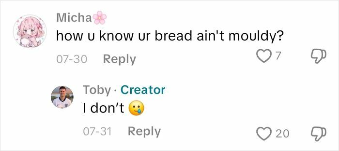 Chat comment exchange discussing how a blind person knows if bread is moldy, highlighting experience of not seeing.