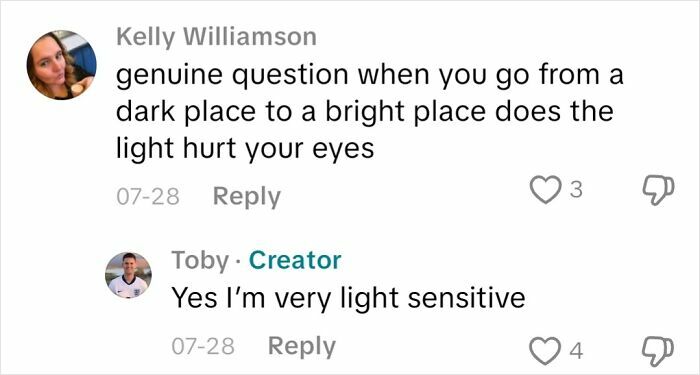 Screenshot of a conversation about light sensitivity and experiences of a blind person answering questions from 90 people.