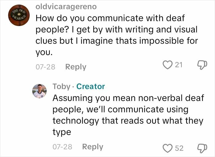 Conversation about communicating with deaf people using technology that reads typed messages, relating to blindness insights.
