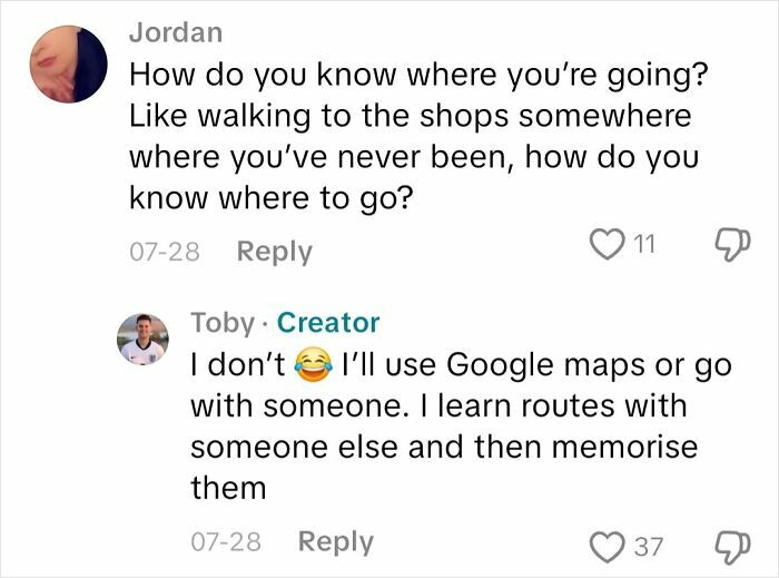Commenter asks how an actual blind person learns routes; creator explains using Google Maps and memorizing with help.