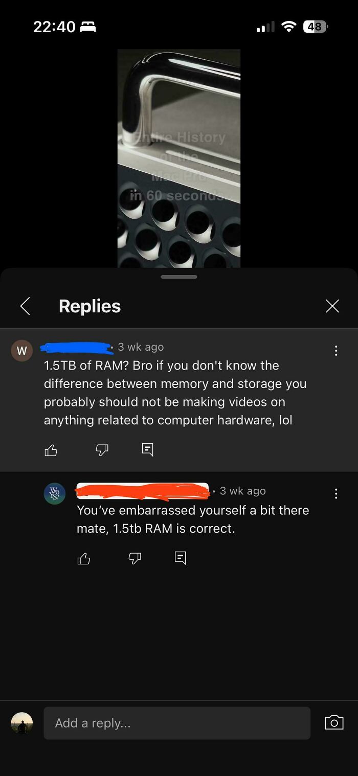 Screenshot of online conversation where people roasted confidently incorrect claims about 1.5TB RAM in a computer hardware discussion.
