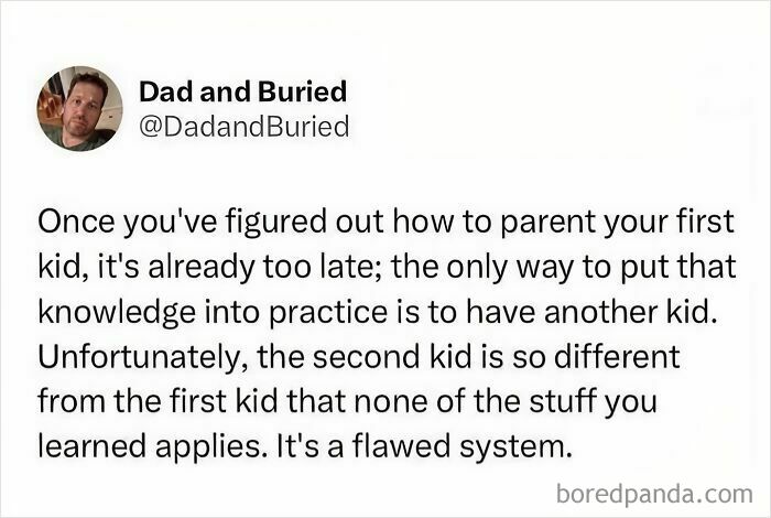 Parenting meme about how raising a second child differs from the first, highlighting funny parenting challenges.