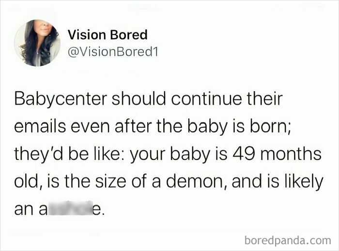 Funny parenting meme joking about Babycenter emails continuing after birth with a 49-month-old demon-sized baby behavior.
