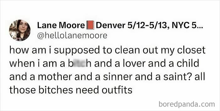 Funny parenting meme about the chaos of balancing roles and organizing a closet with many outfits to keep.