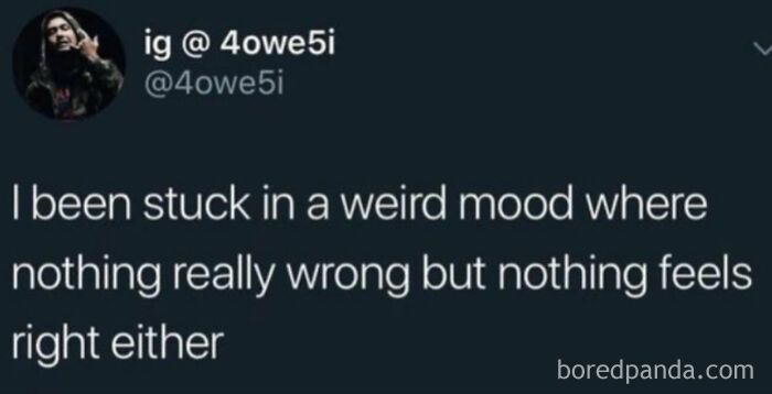 Screenshot of a funny parenting meme about feeling stuck in a weird mood with nothing feeling right or wrong.