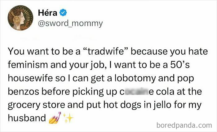 Funny parenting meme about traditional roles, housewife life, and humorous takes on daily family tasks.