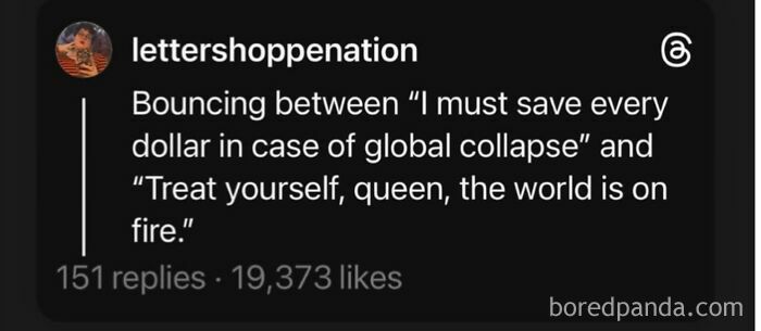 Parenting meme about balancing saving money and treating yourself in unpredictable parenting moments.