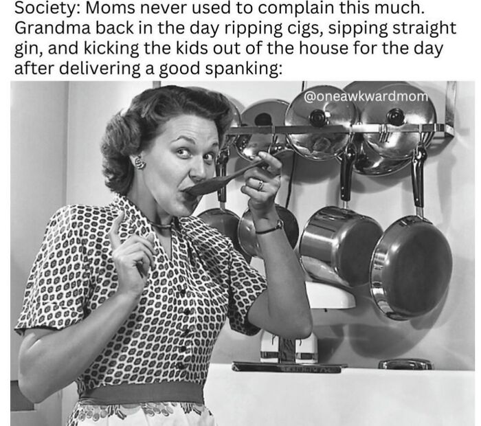 Black and white vintage photo of a woman tasting food in the kitchen, illustrating funny parenting memes about real-life parenting.
