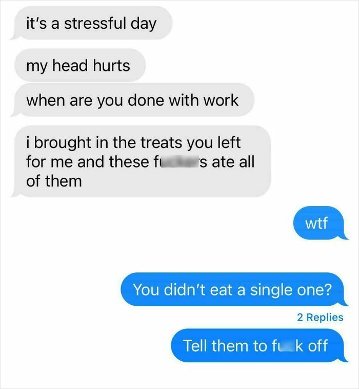 Text message conversation showing someone frustrated about coworkers eating their treats, highlighting rule-breaking etiquette.