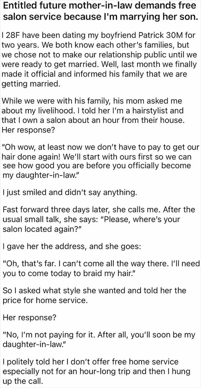 Entitled future mother-in-law demands free salon service, showing no care about rules and etiquette in family relationships.