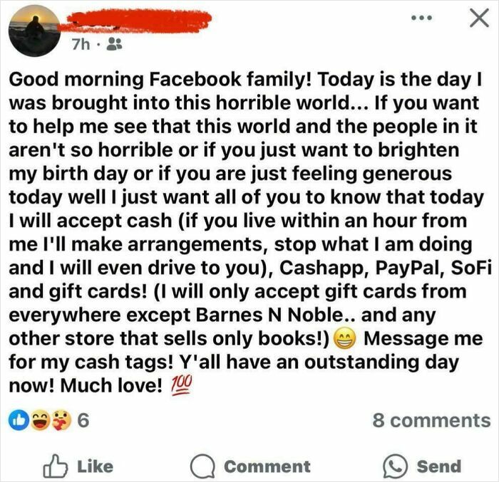 Screenshot of a social media post asking for cash and gift cards, showing disregard for social etiquette and rules.