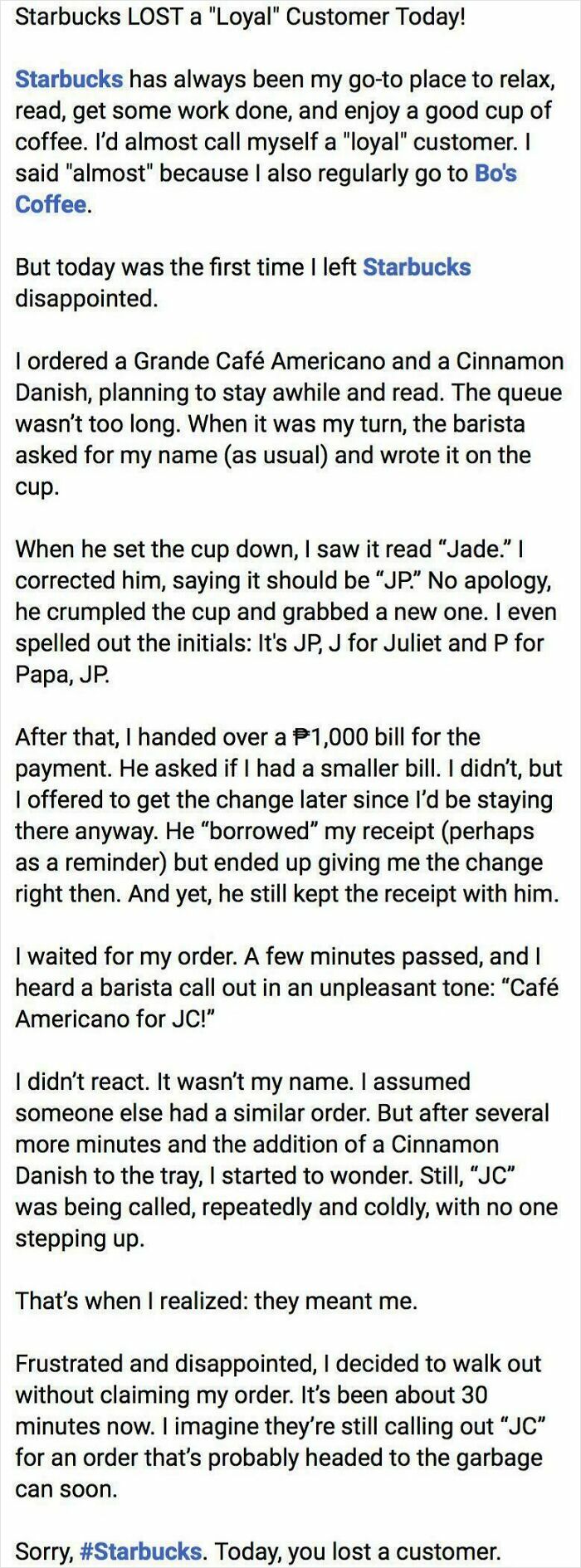 Text post showing frustration with Starbucks service, highlighting rude behavior and lack of etiquette in a customer experience.