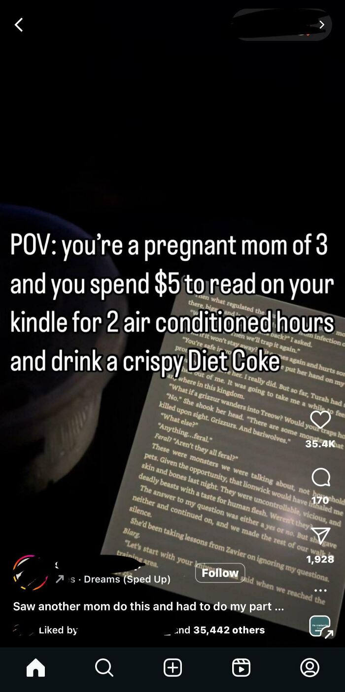 Pregnant mom ignoring etiquette, spending $5 to read on Kindle for air-conditioned hours while drinking a Diet Coke.