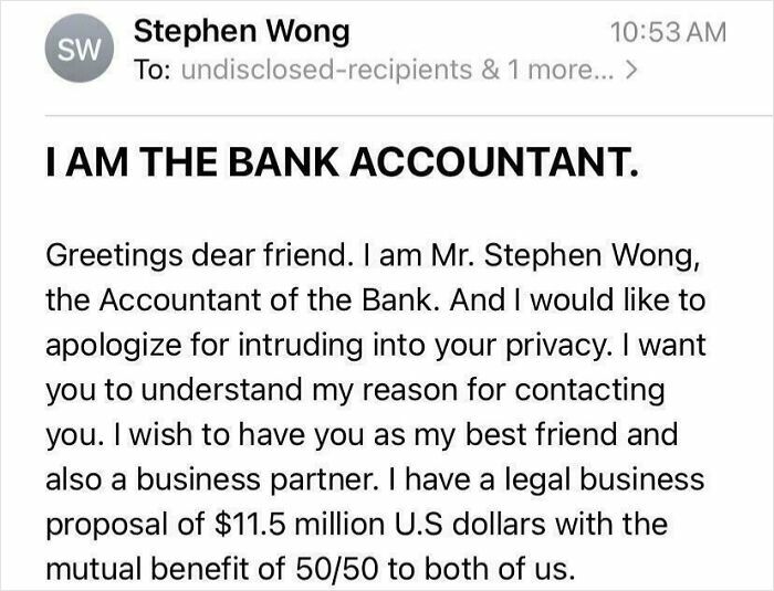 Screenshot of a humorous scam email from a fake bank accountant offering a fake business proposal as a funny lesson learned.