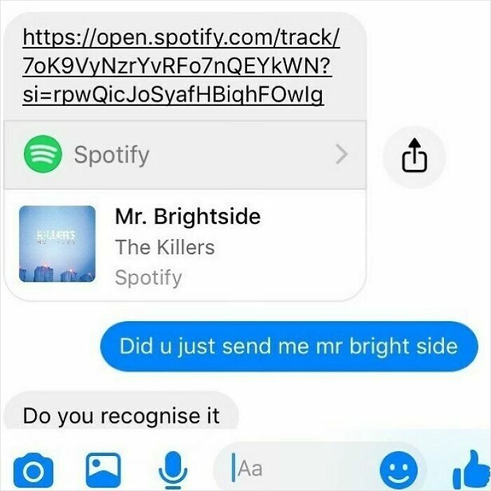 Text message screenshot showing a cringy man sending a Spotify link to the song Mr. Brightside, hitting on a woman.