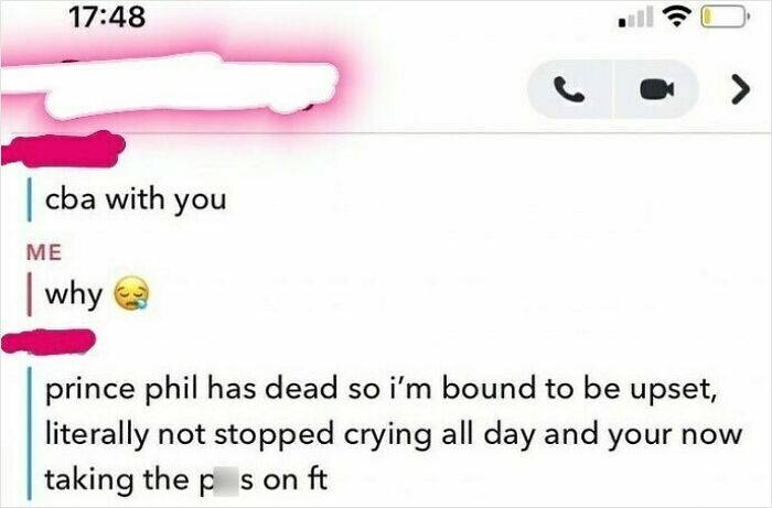 Screenshot of a cringy text message exchange showing awkward flirting from a man after sad news about Prince Phil's death.