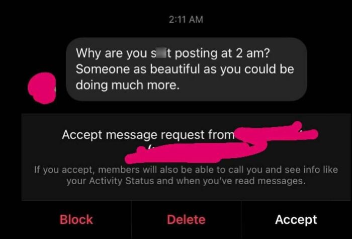 Screenshot of a cringy message from a man hitting on a woman late at night, illustrating awkward online interactions.