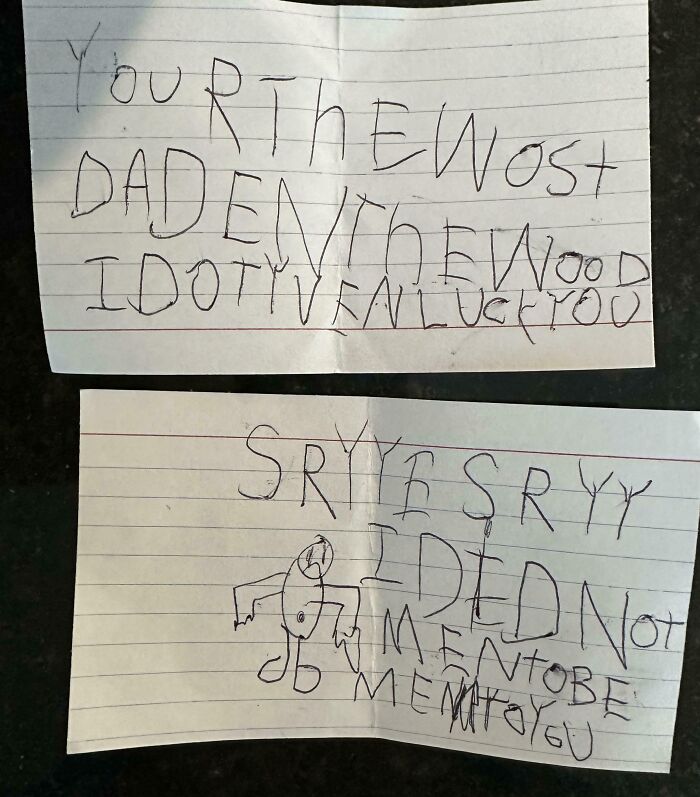 Handwritten notes from a child apologizing, illustrating funny ways people learned their lesson with spelling errors and drawings.