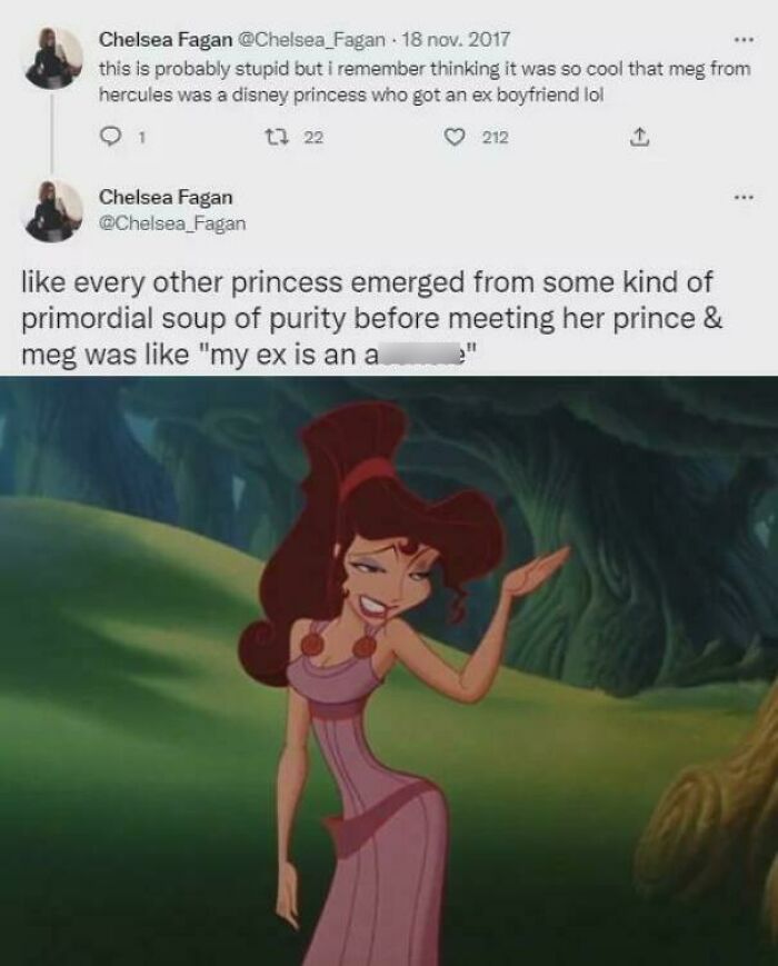 Tweet about a unique sentence on Disney princess Meg with an animated image from Hercules, showcasing unusual humor.