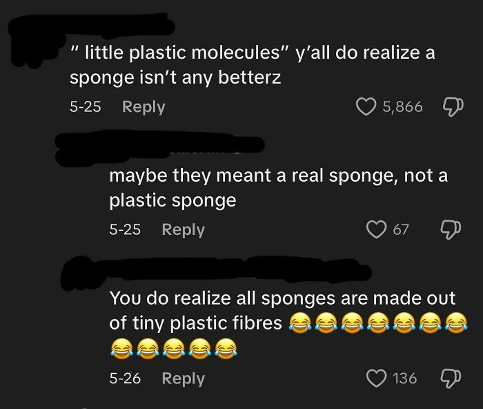 Online comments roasting confidently incorrect individuals about sponges made of plastic fibers with laughing emojis.