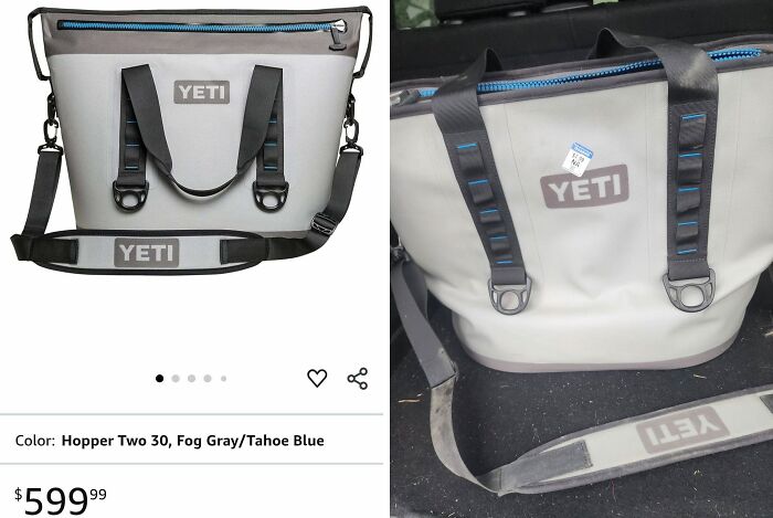 YETI Hopper Two 30 soft cooler bag in fog gray and Tahoe blue thrift store find with shoulder strap and zipper closure