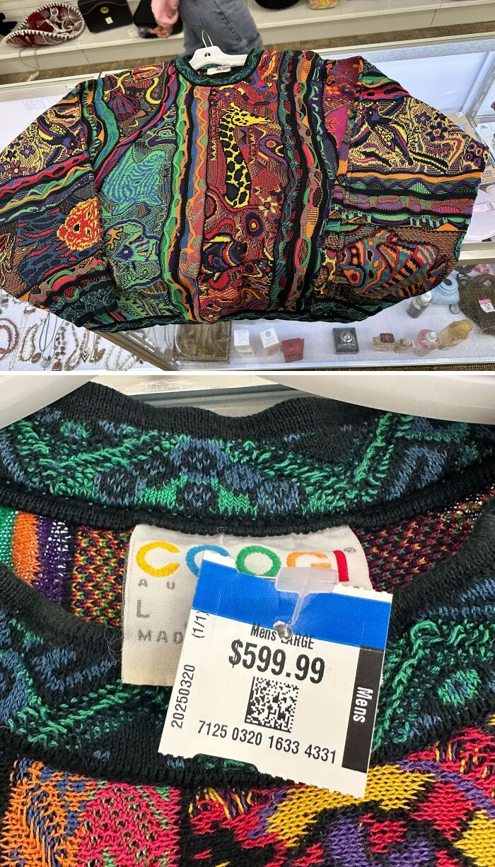 Colorful vintage Coogi sweater thrift store find priced at $599.99, showcasing unique patterns and bold designs.