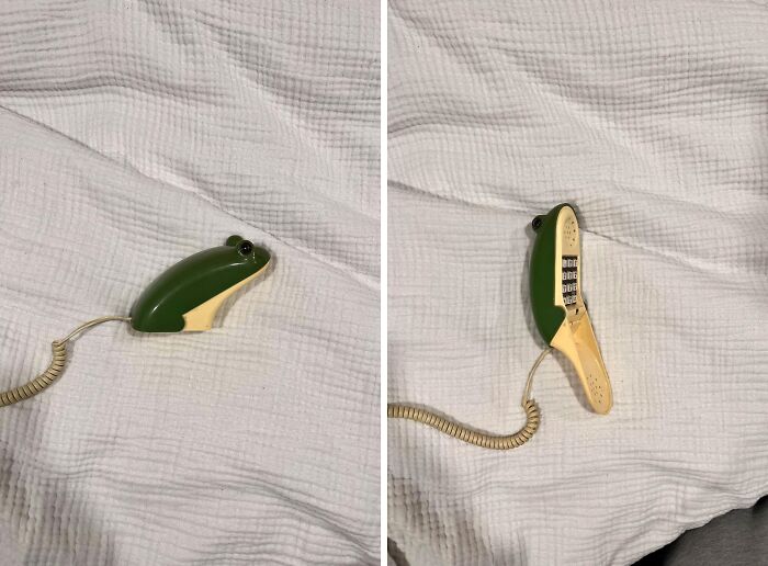Vintage frog-shaped thrift store find phone with coiled cord shown closed and open on a textured white fabric surface.