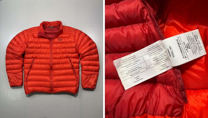 Red Arc'teryx puffer jacket from thrift store haul, showcasing rare and high-quality thrift store finds.