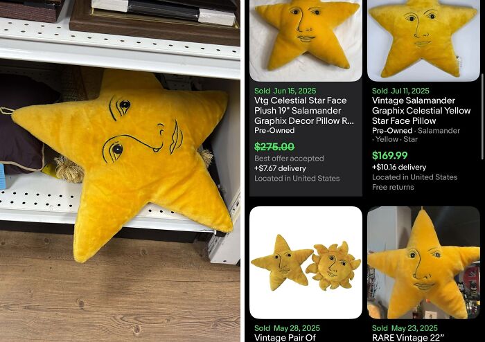 Yellow vintage celestial star face plush pillow thrift store find displayed on a store shelf with wooden floor background.