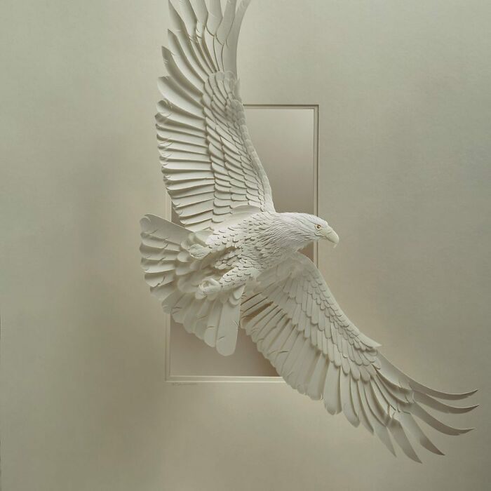 Paper sculpture of a realistic eagle in flight showcasing stunning wildlife art made from simple paper by talented artist.
