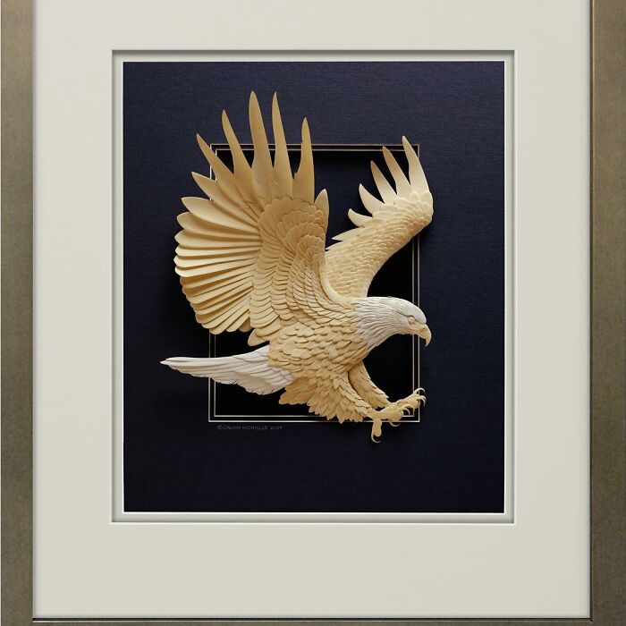 Realistic wildlife sculpture of an eagle with outstretched wings made from simple paper artwork in a frame.
