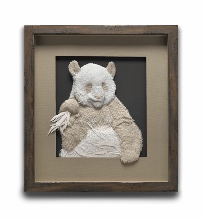 Realistic wildlife sculpture of a panda made from simple paper, displayed in a wooden frame against a dark background.