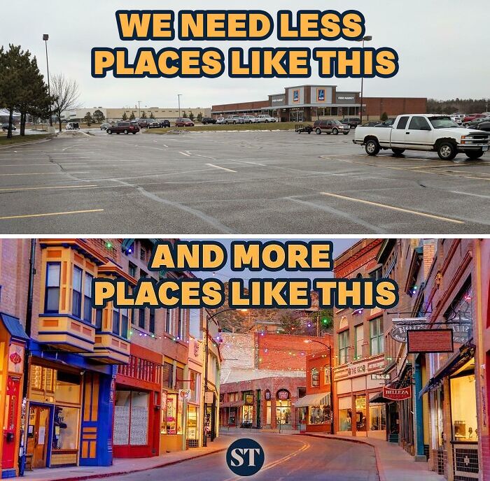 Empty suburban parking lot contrasted with vibrant urban street emphasizing the need for affordable housing in the US.