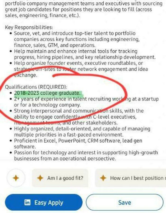 Job listing with outrageous job requirements circled in red, highlighting strict candidate qualifications for talent recruiting roles.