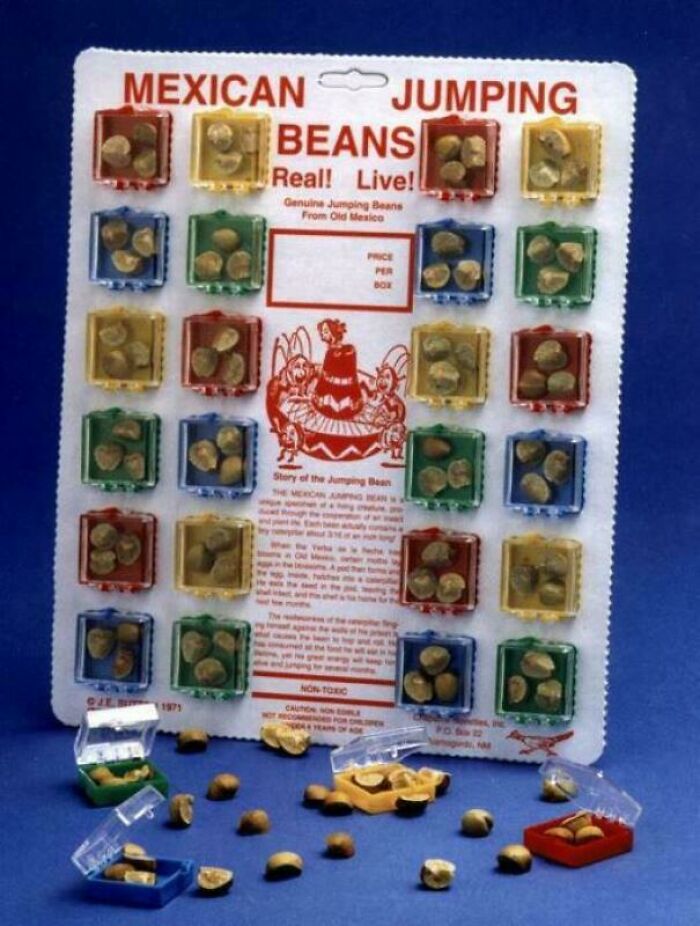 Mexican jumping beans packaged in colorful plastic containers, a nostalgic toy reminding people of old age memories.