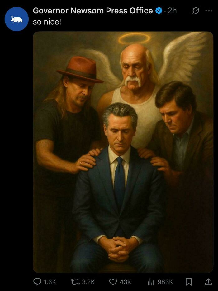 Governor Newsom sitting with three men placing hands on his shoulders, depicting chaotic good support and guidance.