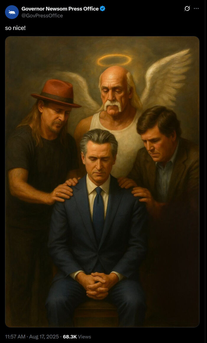 Digital artwork depicting a man in a suit being comforted by three others, a bold tweet reflecting empathy for many.