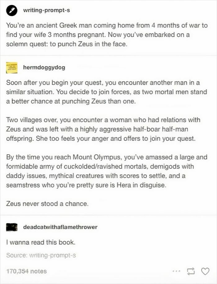 Text post humorously depicting a chaotic mythology quest to punch Zeus, showcasing memes about ancient reality TV.