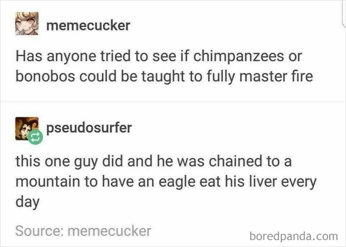 Text conversation meme about teaching chimpanzees fire mastery referencing mythology in a humorous chaotic meme style.