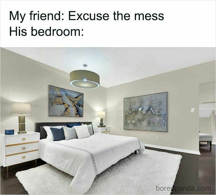 Clean and stylish bedroom with white bedding and modern decor, featured in hilariously relatable memes called out online.