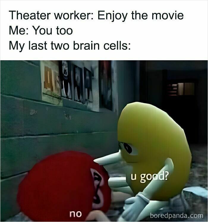 Two cartoon brain cells in a dim hallway, one asking if the other is okay, illustrating relatable memes humor.