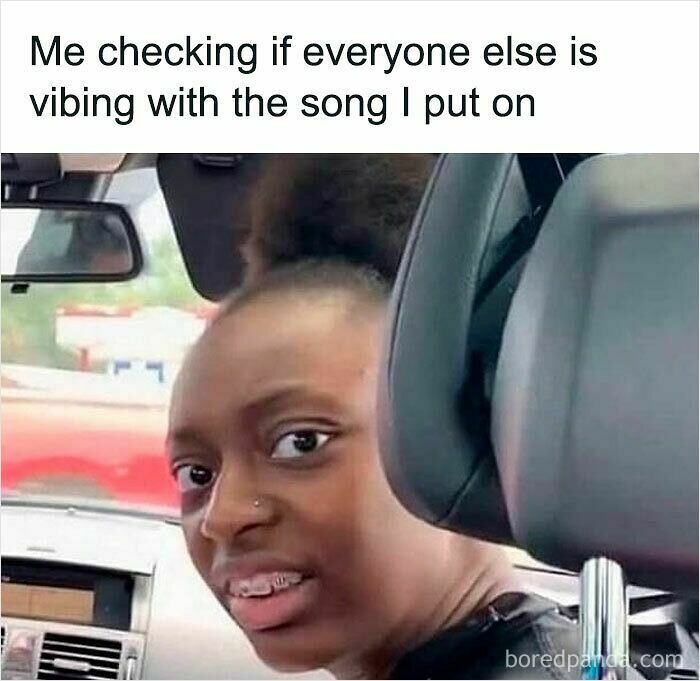 Woman in a car looking back with a confused expression, a relatable meme about checking if others vibe with a song.