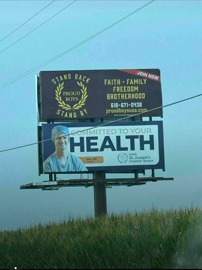 Billboard featuring two conflicting ads with health and chaotic good themes, representing people doing the right thing their own way.
