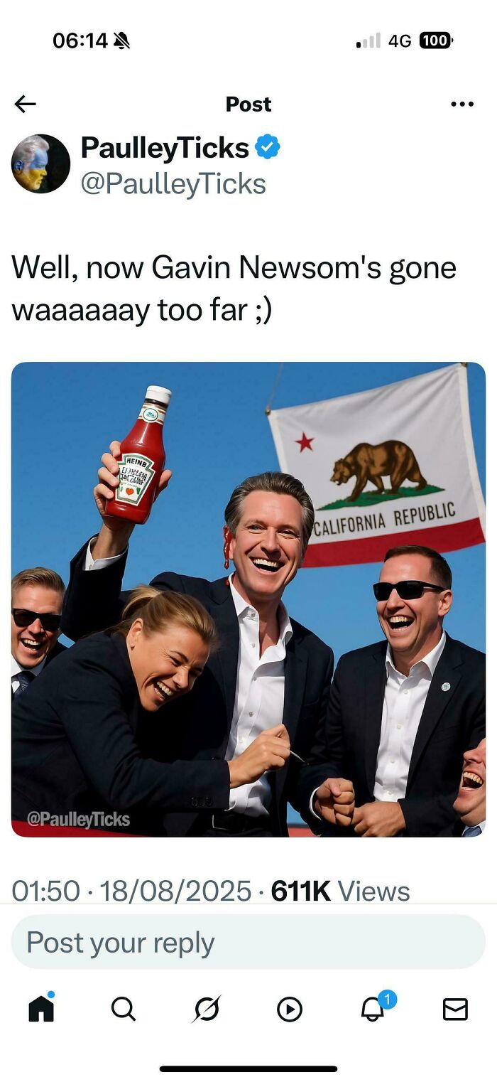 A bold tweet showing California Governor Gavin Newsom laughing with others, holding a ketchup bottle under the California flag.