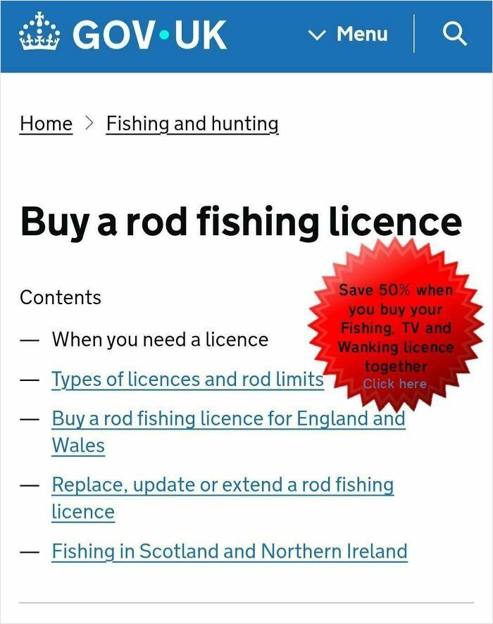Screenshot of a UK government webpage offering rod fishing licences with a humorous red starburst promotion.