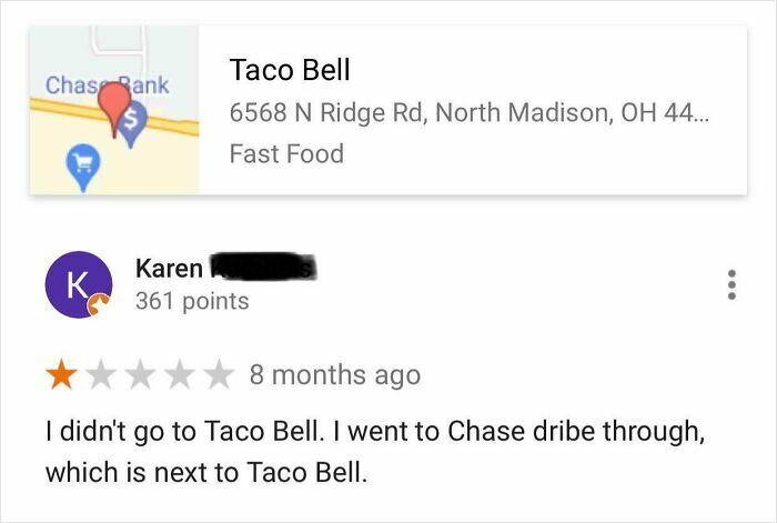 Funny product and service review showing a humorous comment about Taco Bell and a nearby Chase drive through.