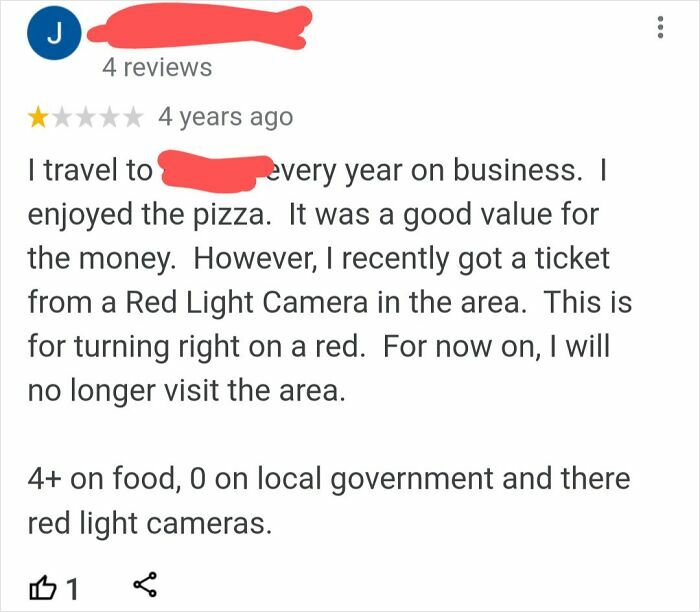Review showing a humorous take on a product with a mix of praise and a complaint about local red light cameras.