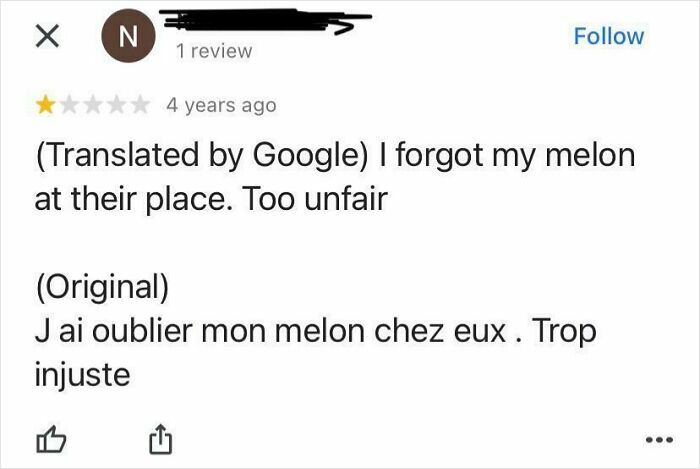 Screenshot of a humorous product review with a Google-translated complaint about forgetting a melon, showing an immaculate sense of humor.